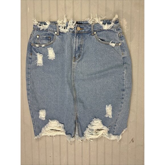 Misguided Size 10 Women Skirt Denim Jean Knee Length Distress Light Wash… - Picture 1 of 5